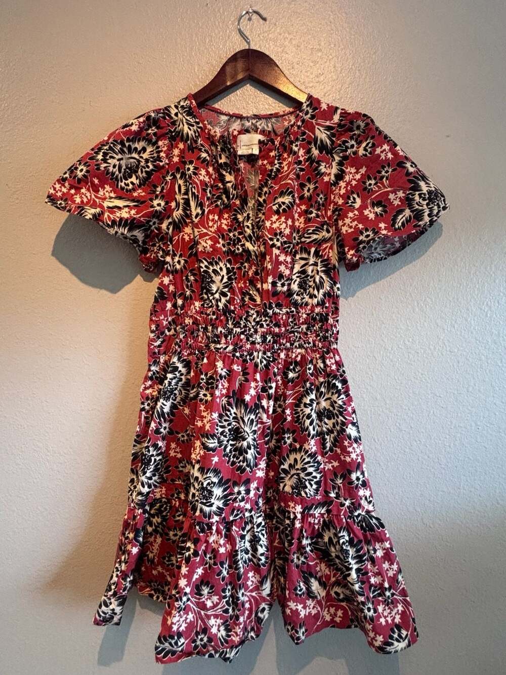 Anthropologie Sometset Floral Dress Red Smocked Mini Sz Small